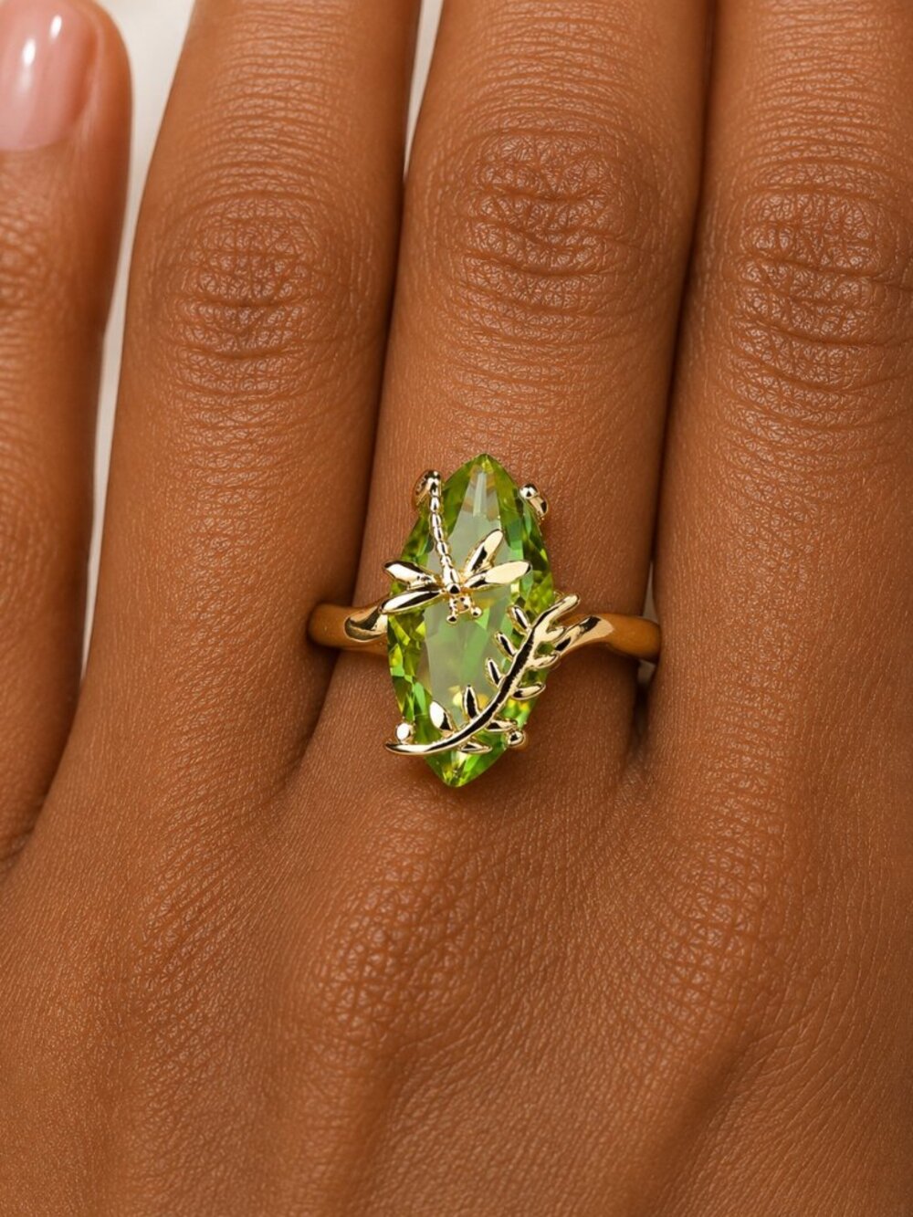 14k Plated Light Green Oval Dragonfly Ring